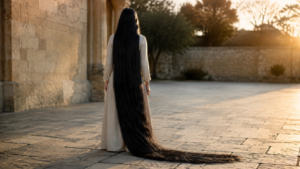 Femme vue strictement de dos, très longue chevelure noire tombant jusqu'au sol et s'étalant plus d'un mètre derrière elle dans une cour baignée de lumière chaude