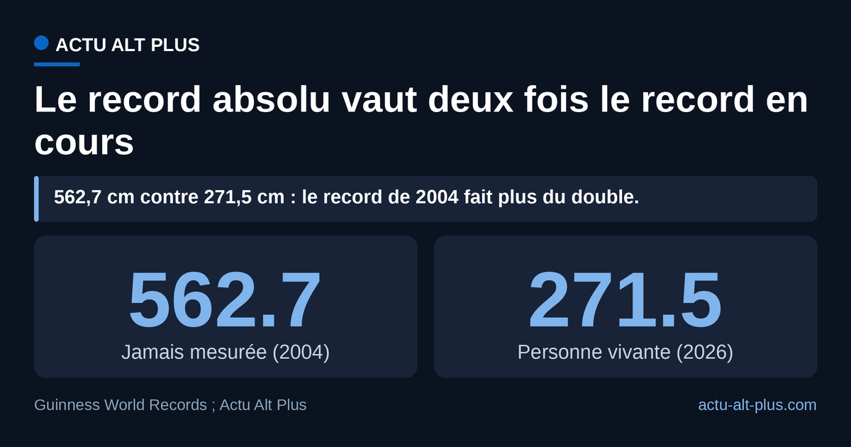 Vingt-deux ans après la mesure du 8 mai 2004, aucune chevelure vivante homologuée n'approche les 562,7 cm. Limite : les deux valeurs relèvent de catégories Guinness distinctes (jamais mesurée / personne vivante), elles ne se disputent pas le même titre.