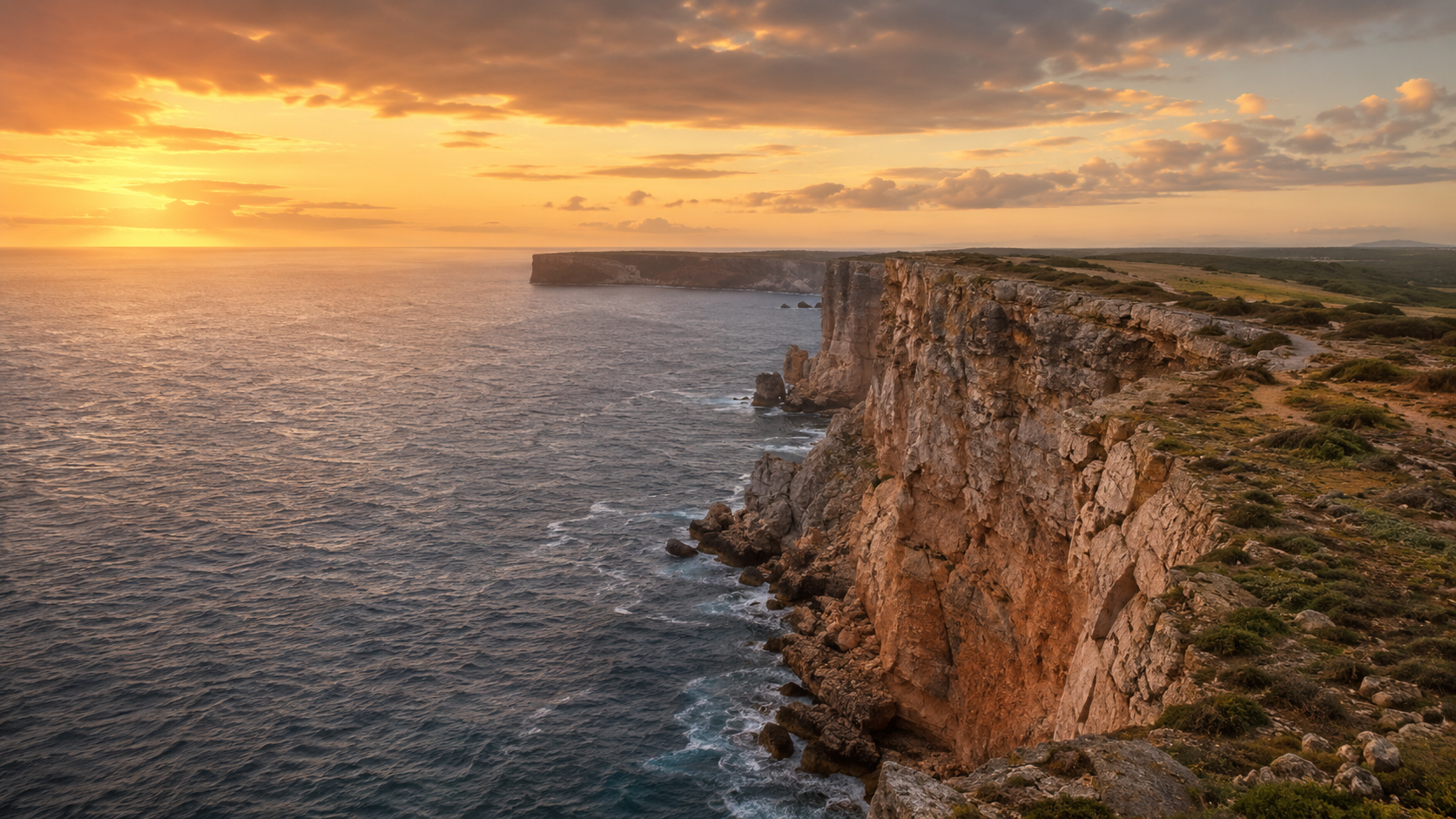 Falaises abruptes du cap Saint-Vincent, près de Sagres, à la pointe sud-ouest du Portugal, au coucher du soleil.