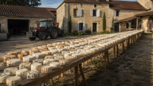 Longue table de tréteaux couverte de petits fromages de chèvre alignés, dans la cour d’une ferme en pierre calcaire du Périgord, tracteur et bâtiments agricoles à l’arrière-plan