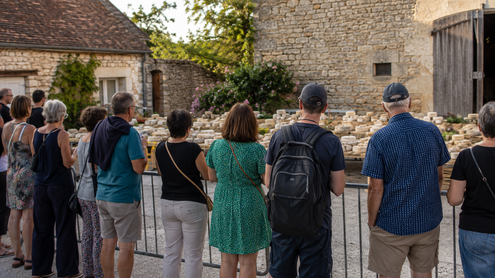 Visiteurs vus de dos, serrés contre une barrière métallique devant une longue table de fromages de chèvre, dans la cour d’une ferme en pierre