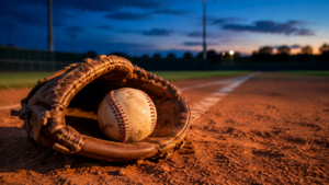 Gant de baseball en cuir usé et balle blanche posés sur la terre battue d'un champ intérieur vide au crépuscule