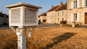 Abri météorologique blanc sur un poteau au bord d’une place de village, herbe sèche et lumière rasante de fin d’après-midi.