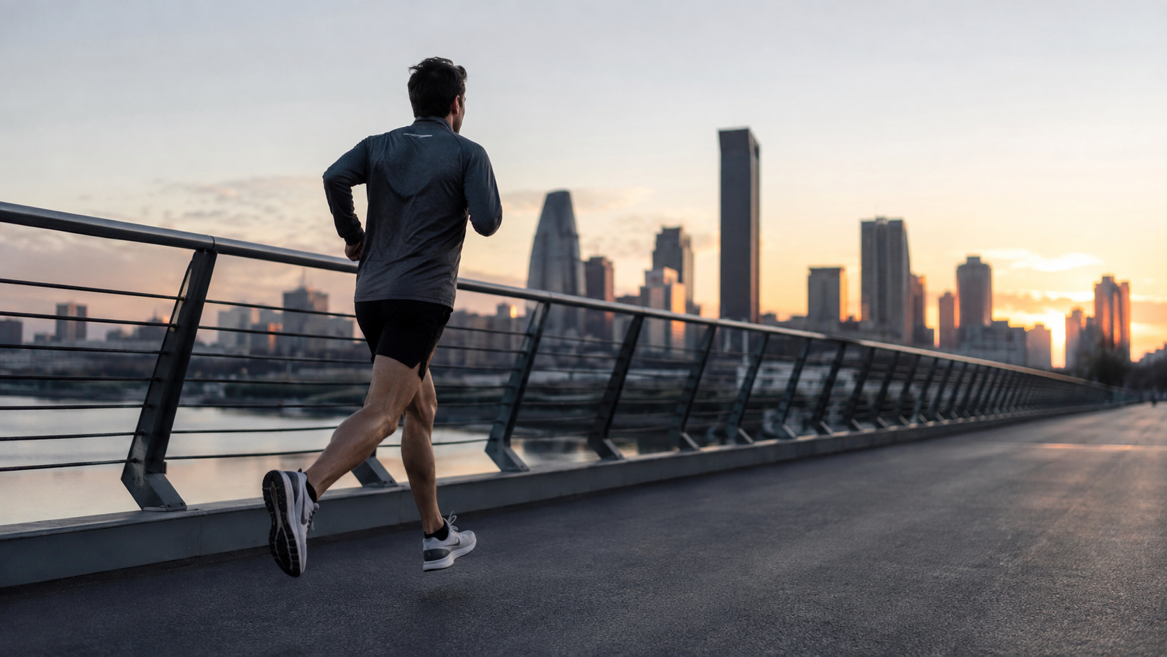 Coureur de marathon générique sur un pont urbain à l'aube