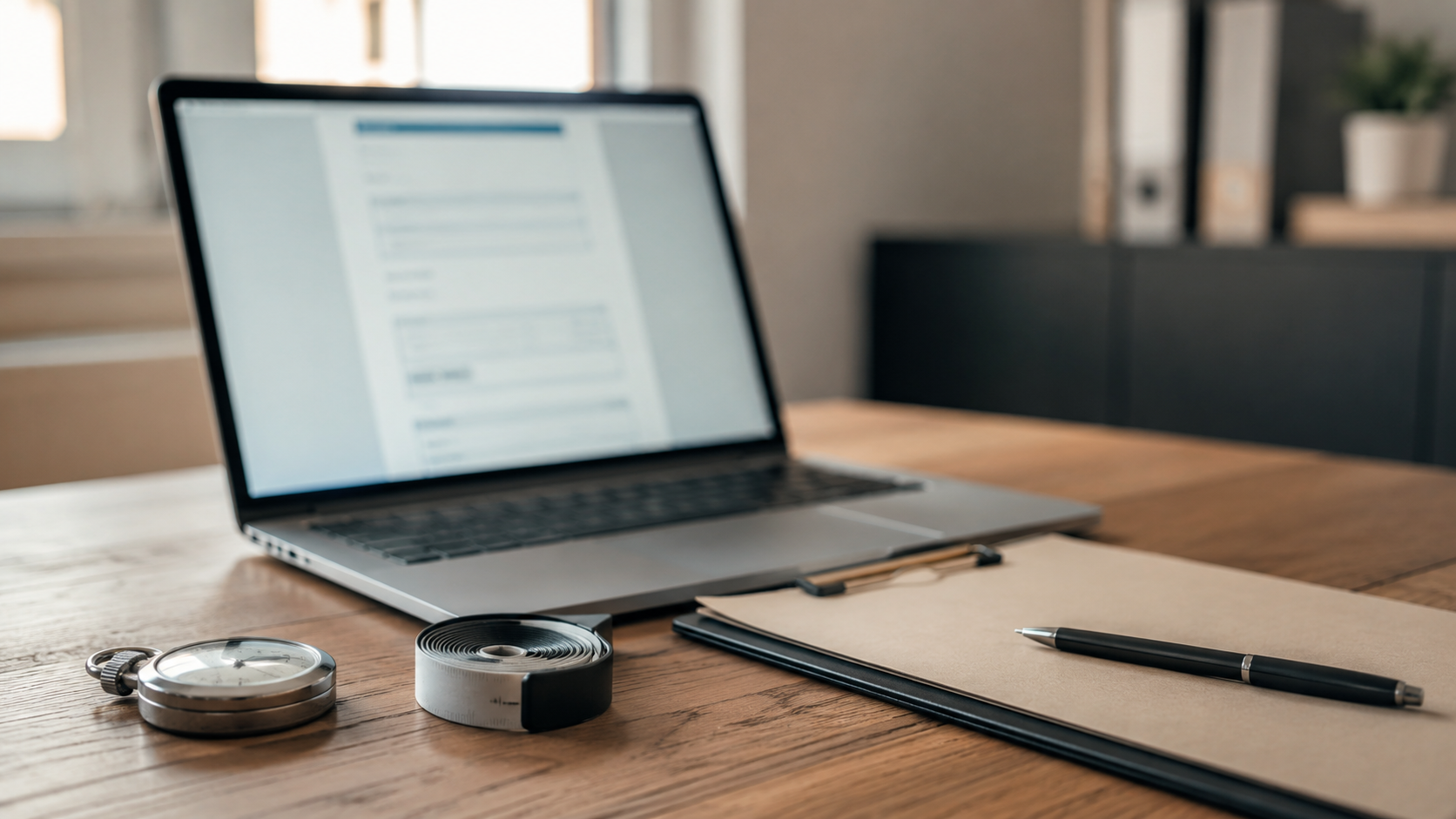 Un formulaire de candidature en ligne à côté d’un chronomètre et d’un mètre certifié, sur un bureau.