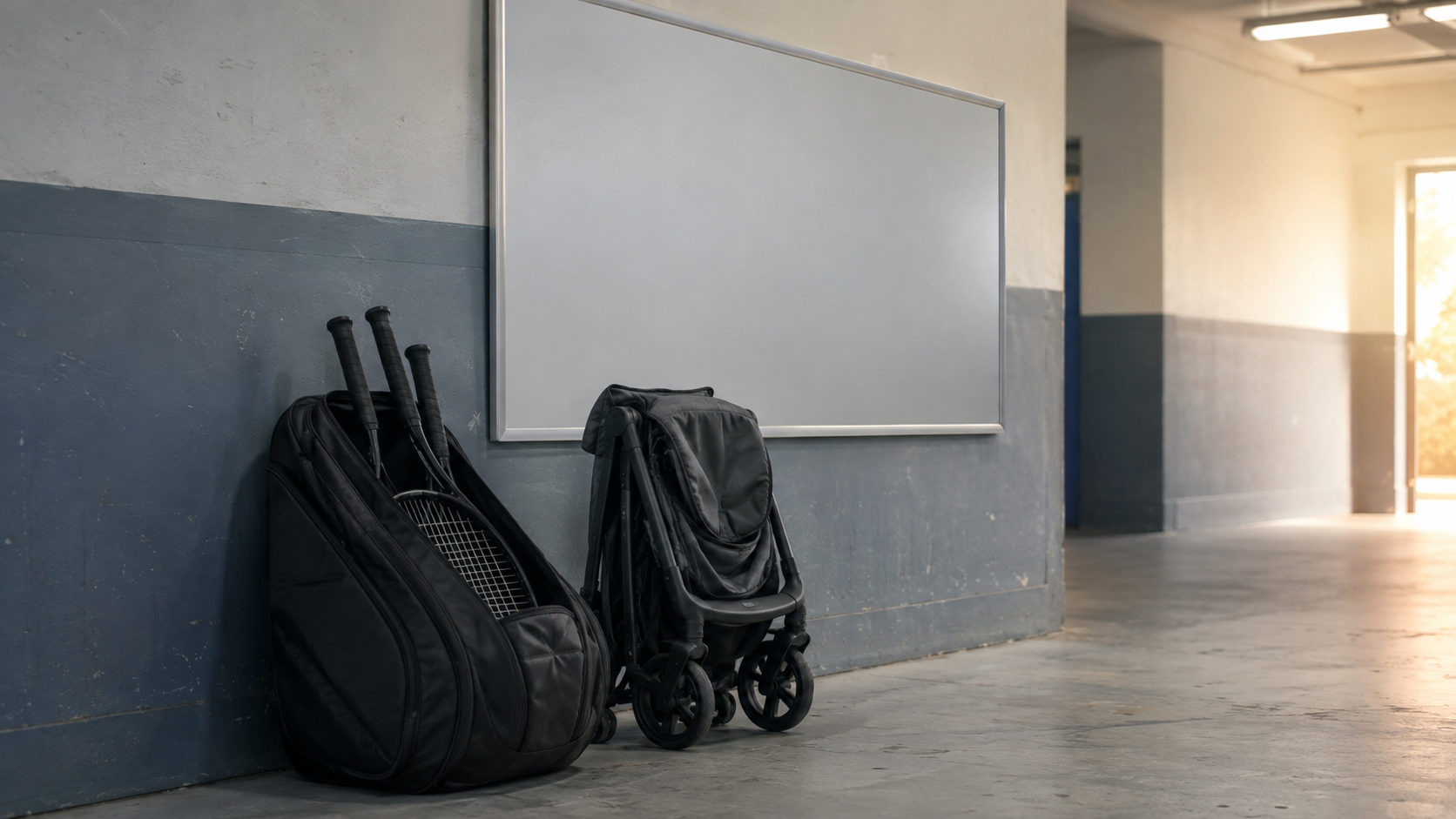 Un sac de sport et une poussette pliée posés contre le mur d'un couloir de vestiaires, à côté d'un tableau d'affichage de tournoi vierge.