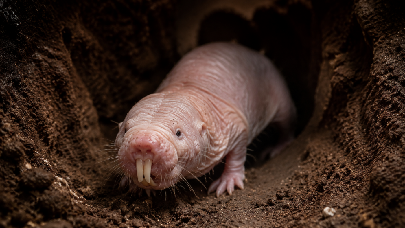 Gros plan d’un rat-taupe nu à la peau rose plissée dans un tunnel de terre sombre, incisives bien visibles.