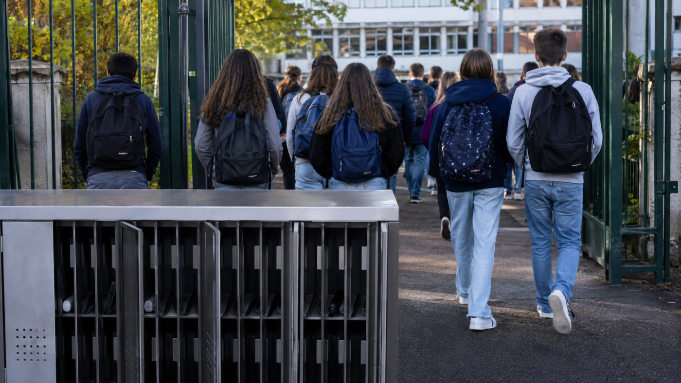 Lycéens vus de dos franchissant la grille d’un lycée français, casiers métalliques à téléphones au premier plan