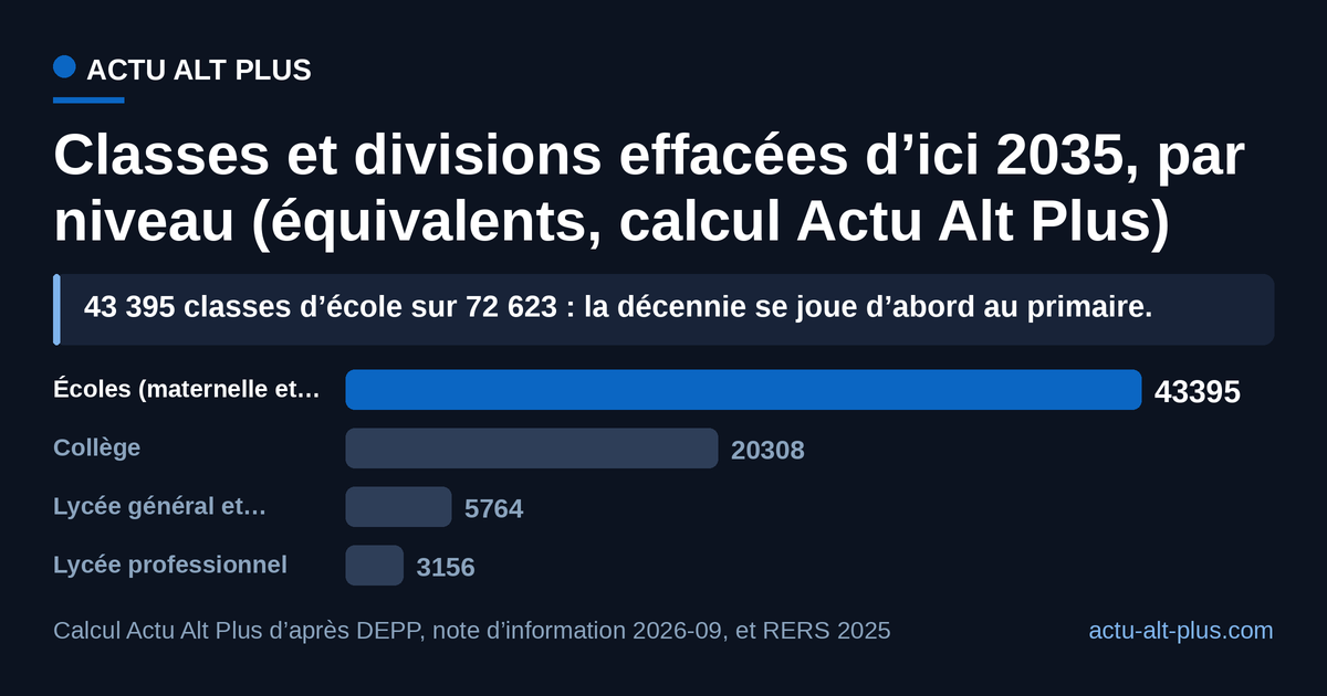 Six classes perdues sur dix seront des classes d’école primaire : 43 395 des 72 623 classes et divisions équivalentes que la décennie efface. La baisse démographique frappe d’abord la maternelle et n’atteint le lycée qu’en fin de période. Limite : il s’agit d’équivalents calculés aux tailles moyennes de la rentrée 2024, pas de fermetures décidées.