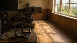 Salle de classe vide d’une école de village en fin d’été, chaises retournées sur les pupitres et rangée de tables manquante près de la fenêtre.