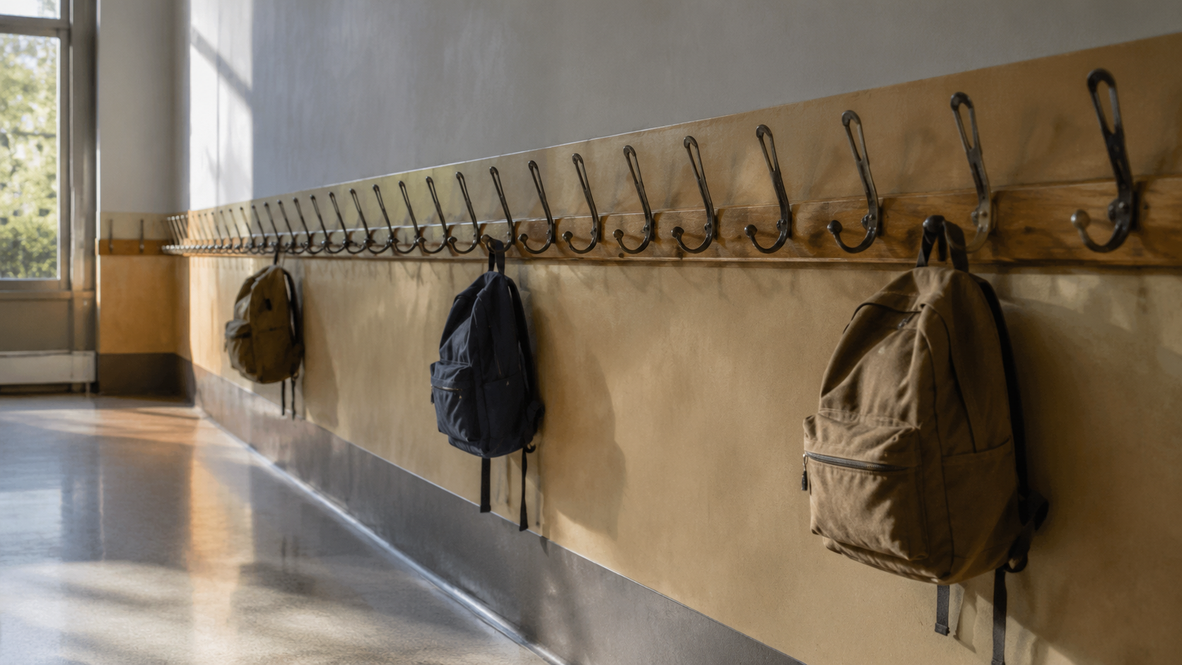 Couloir de vestiaire scolaire avec une longue rangée de patères basses dont trois seulement portent un cartable.