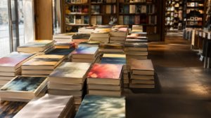 Piles de romans neufs sur une table de librairie, couvertures floues sans titre lisible