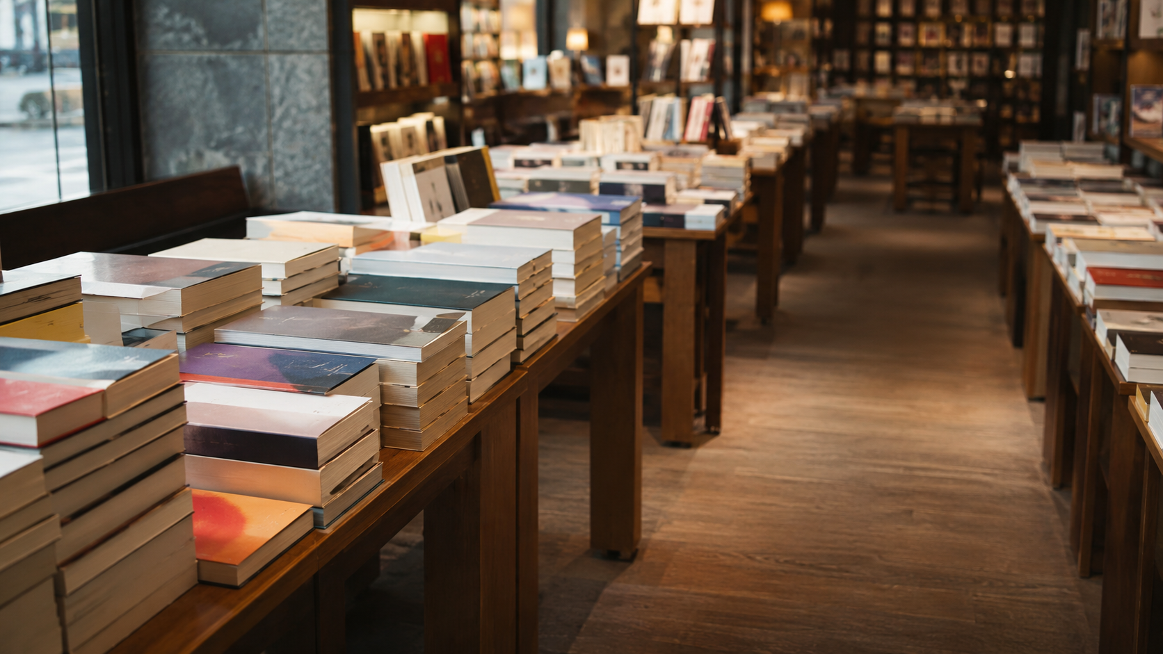 Allée de librairie floue, tables couvertes de piles de romans de la rentrée