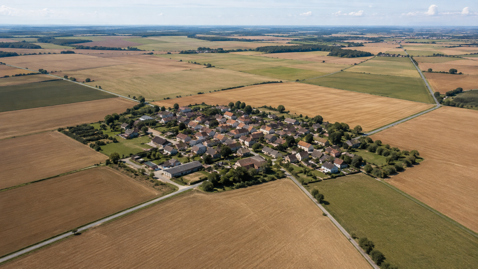 Vue aérienne d’un village français entouré de grandes parcelles cultivées et de routes départementales rectilignes.
