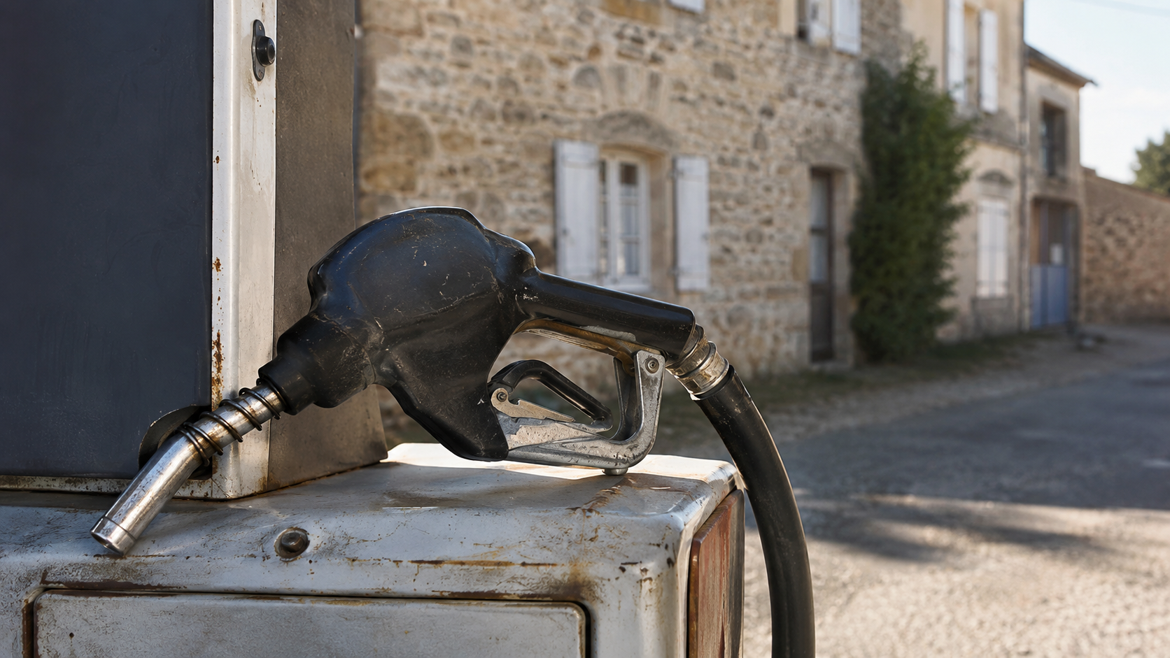 Pistolet de distribution posé sur une pompe usée, devant un bâtiment en pierre à volets d’un village français.