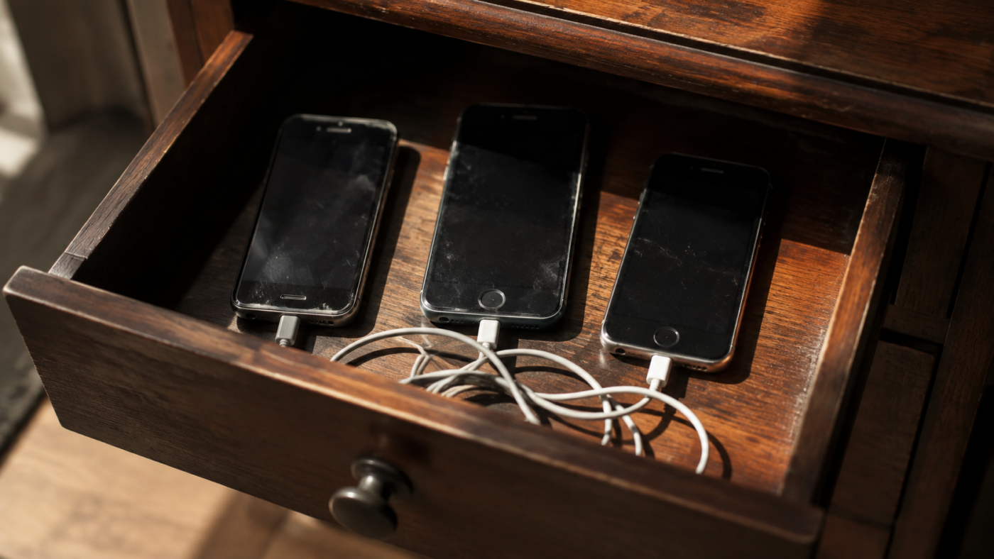 Tiroir de bureau ouvert contenant trois anciens téléphones à écran éteint et un câble de charge emmêlé.