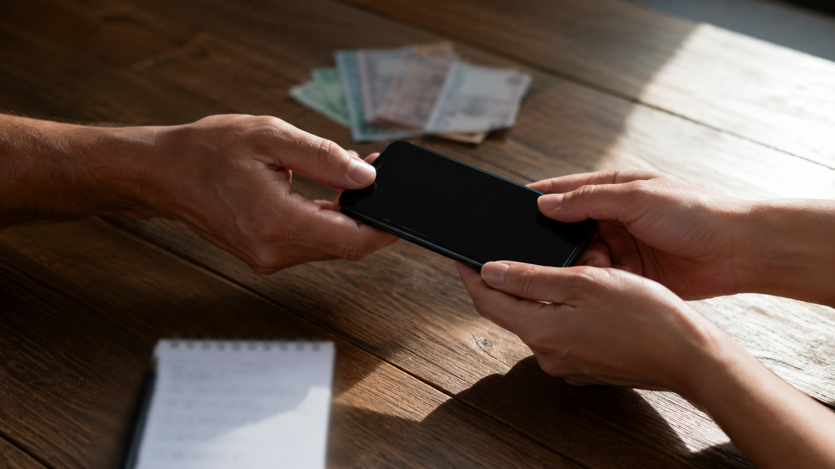 Vue de dessus de deux paires de mains qui se passent un téléphone au-dessus d’une table en bois, à côté de billets flous et d’une liste manuscrite.