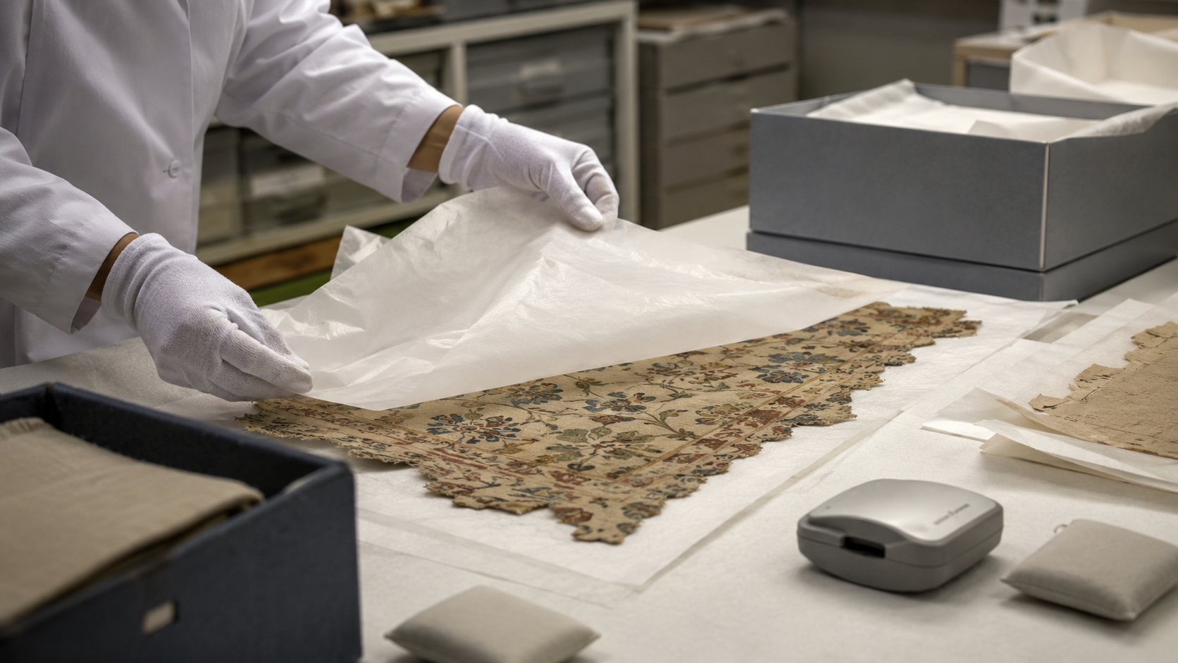 Mains gantées dépliant un papier de protection sur un fragment textile posé sur une table d’étude, boîtes d’archives et hygromètre à côté.