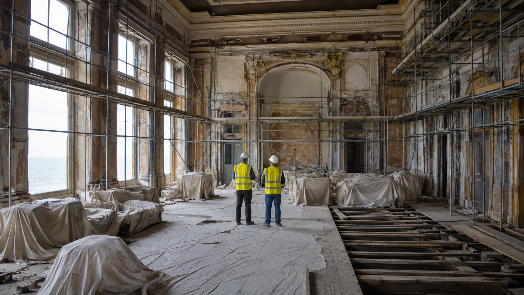 Salle de bal d’un grand hôtel de bord de mer en travaux, échafaudages le long des murs, meubles sous bâches et solives apparentes, deux ouvriers de dos en gilet fluorescent devant de hautes fenêtres.