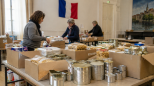 Des cartons de conserves et de pâtes triés sur une table de collecte alimentaire en France
