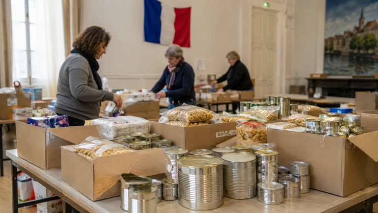 Des cartons de conserves et de pâtes triés sur une table de collecte alimentaire en France