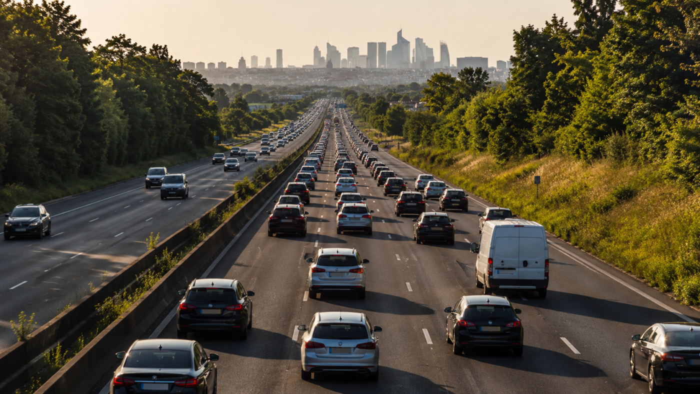 Autoroute française vue depuis un pont en fin d’été, trois files de voitures denses roulant vers une métropole à l’horizon