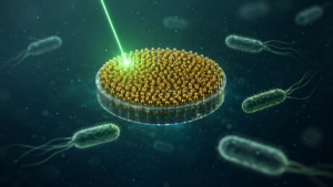Microdisque parsemé de bâtonnets dorés flottant dans une goutte d'eau traversée par un fin faisceau laser, avec des bactéries en forme de bâtonnets autour.