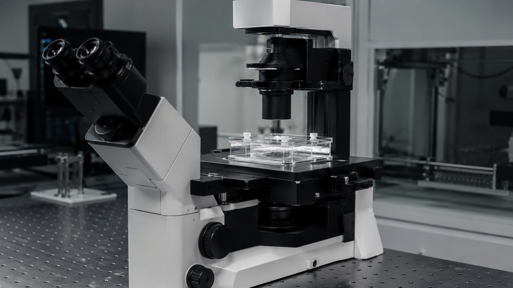 Microscope optique inversé sur une table optique, avec une petite chambre à liquide transparente posée sur la platine.