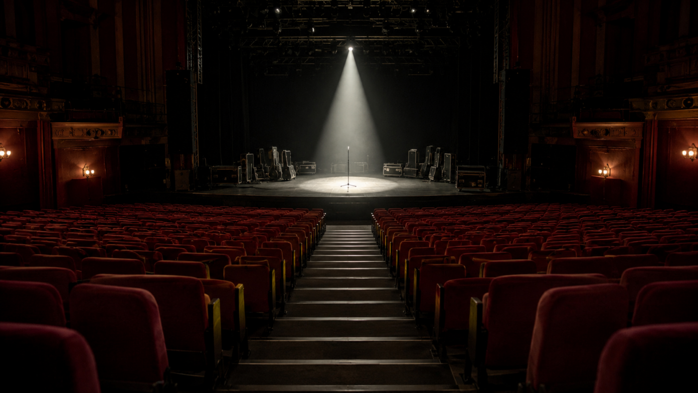 Salle de concert vide vue du fond du parterre, rangées de fauteuils rouges tournées vers une scène éclairée par une seule poursuite.