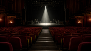 Salle de concert vide vue du fond du parterre, rangées de fauteuils rouges tournées vers une scène éclairée par une seule poursuite.