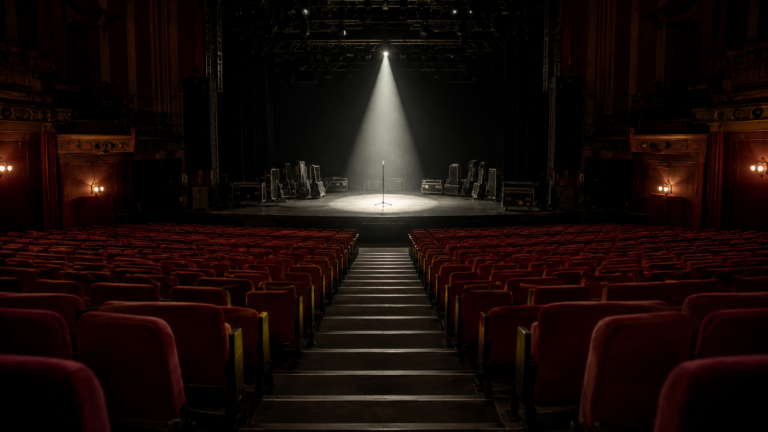 Salle de concert vide vue du fond du parterre, rangées de fauteuils rouges tournées vers une scène éclairée par une seule poursuite.