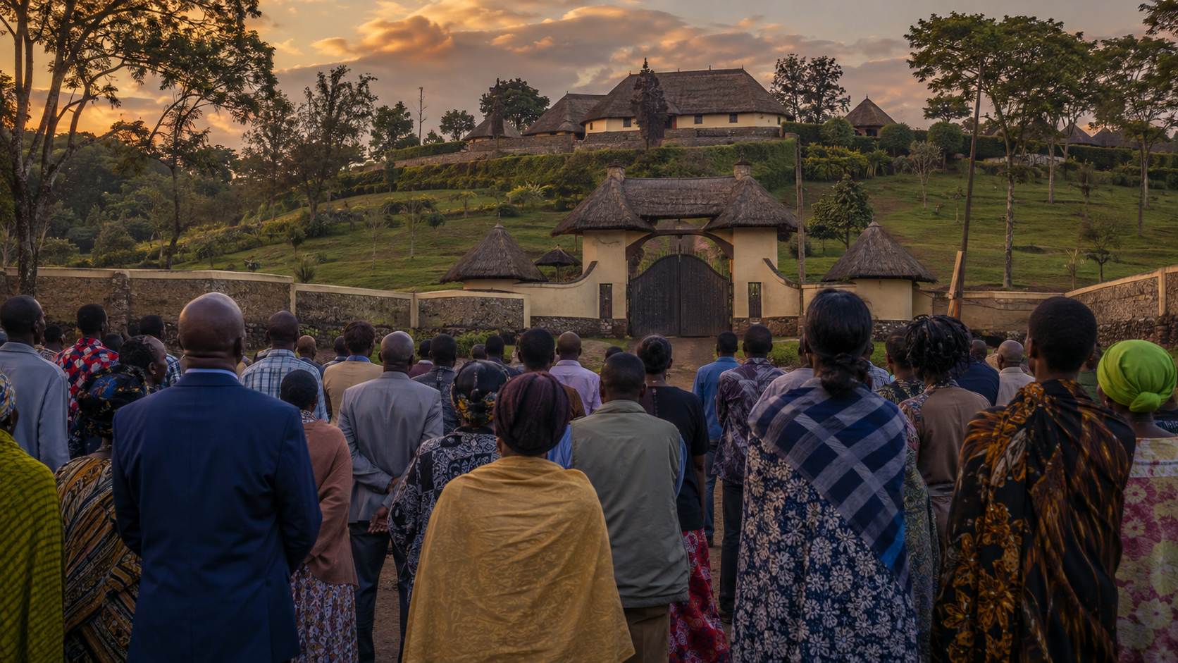 Foule vue de dos rassemblée au crépuscule devant la grille du palais royal du Tooro, à Fort Portal, dans l’ouest de l’Ouganda.