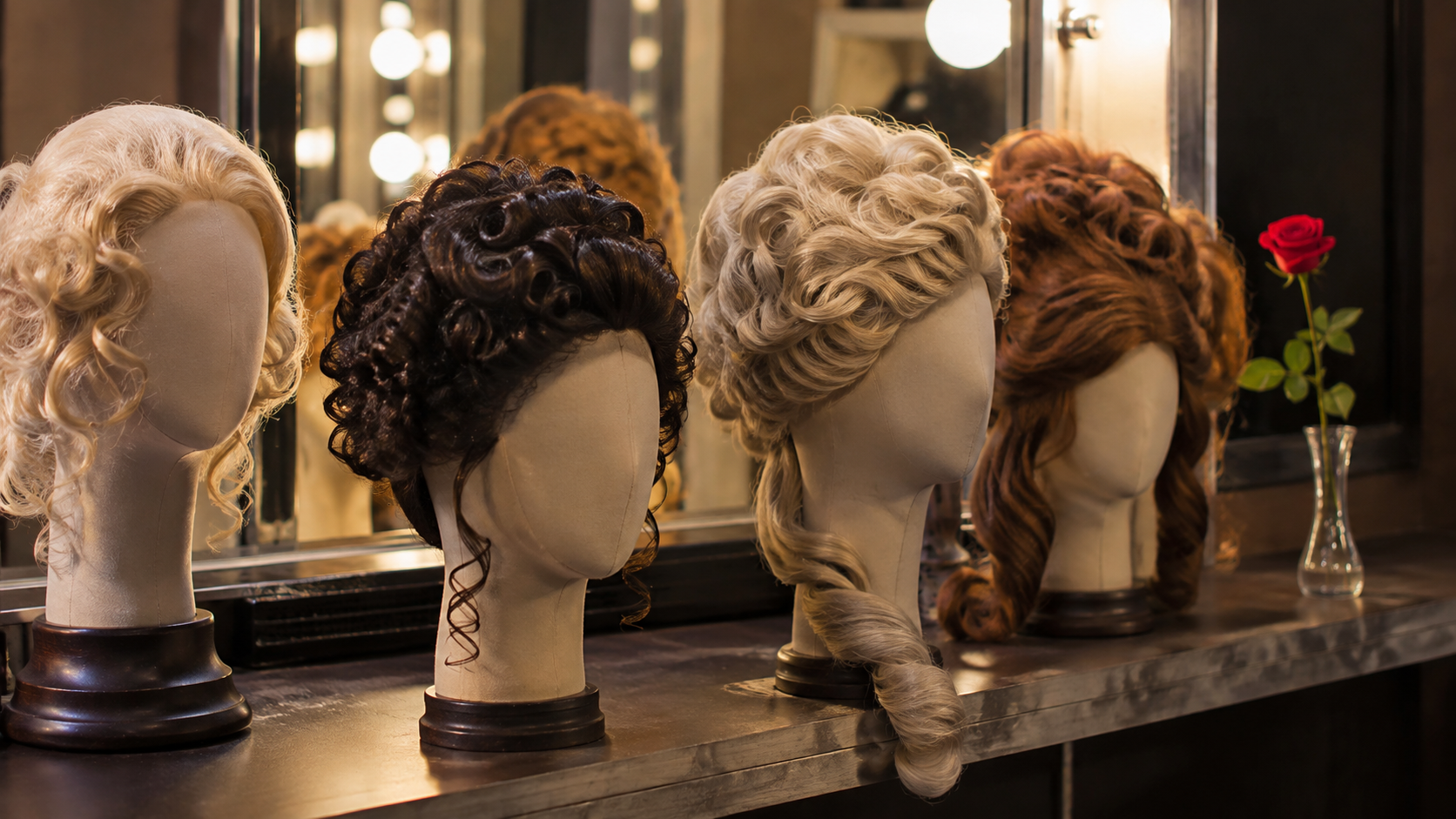 Des perruques de styles différents posées sur des têtes de mannequin dans une loge, près d’une rose dans un vase
