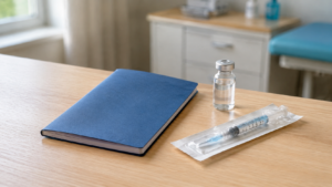 Un carnet de santé fermé posé sur un bureau de cabinet médical, à côté d'un flacon de verre sans étiquette et d'une seringue encore emballée.
