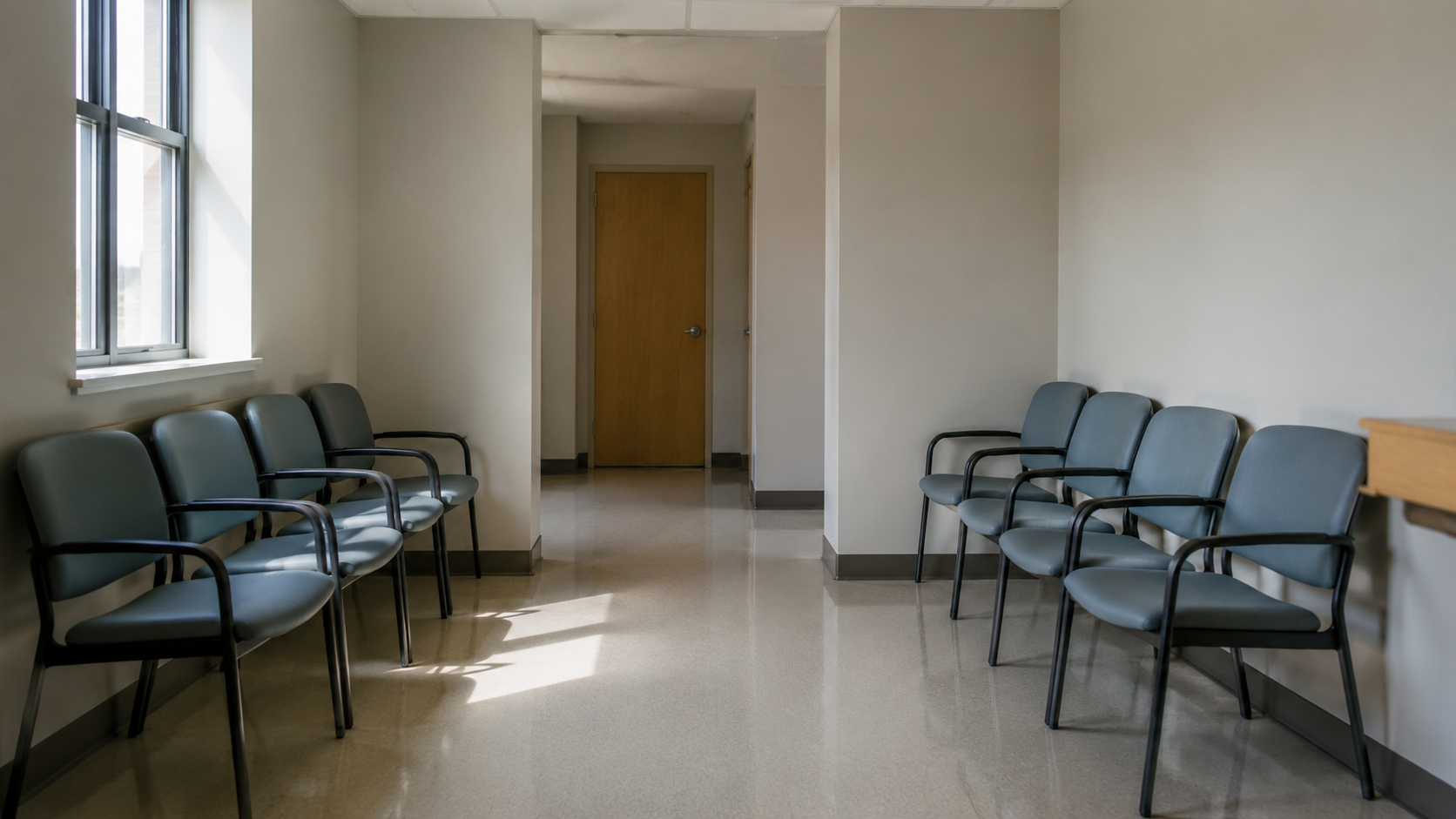 Salle d'attente vide d'un cabinet médical, deux rangées de chaises alignées sous la lumière du jour.