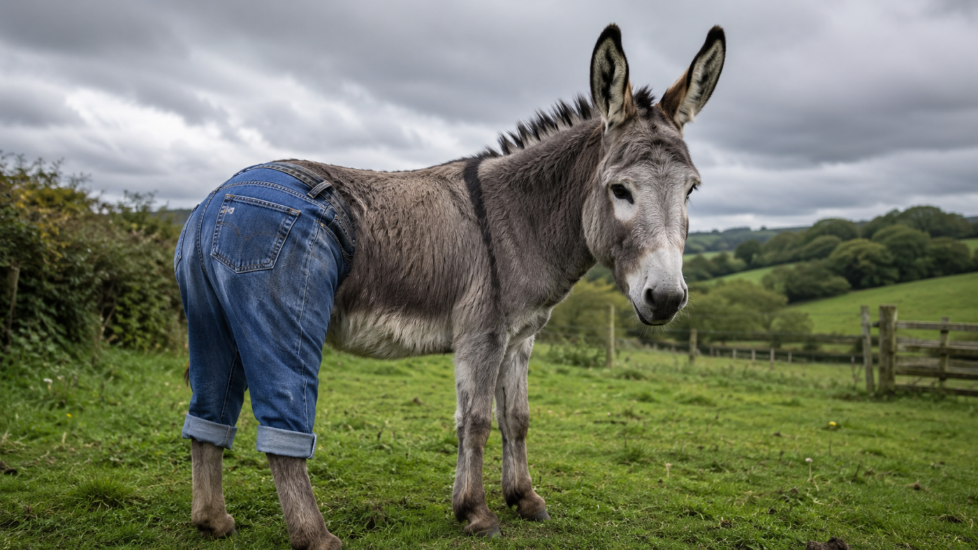 Un âne gris dans un pré anglais porte un pantalon en jean coupé sur ses pattes arrière, sous un ciel couvert.