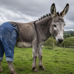 Un âne gris dans un pré anglais porte un pantalon en jean coupé sur ses pattes arrière, sous un ciel couvert.