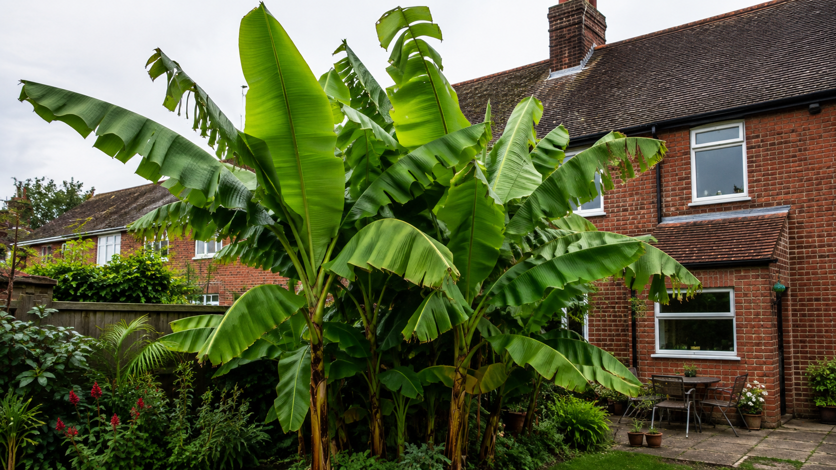 De grands bananiers aux larges feuilles poussent dans un jardin pavillonnaire anglais, devant une maison de briques rouges.
