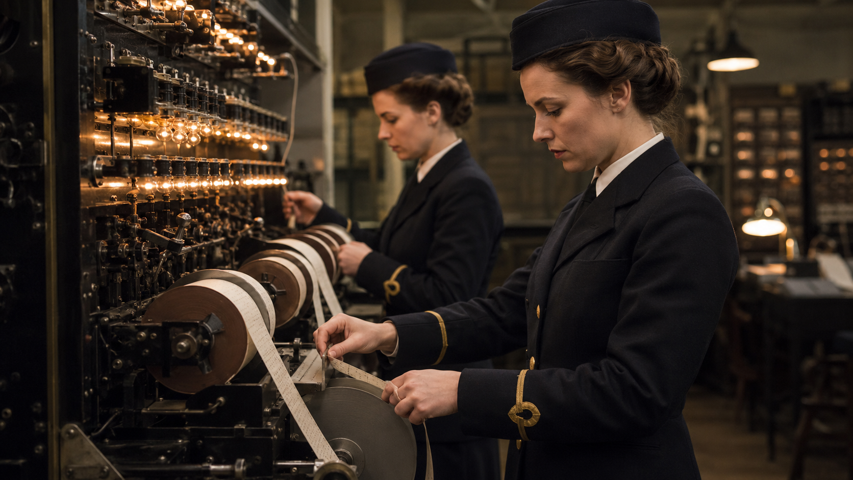 Deux opératrices en uniforme de la marine britannique des années 1940 manipulent les bobines de papier d'une grande machine à lampes.