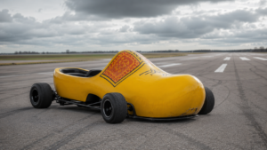 Coque géante jaune en forme de sabot montée sur un châssis de kart bas, posée sur une piste d’aéroport déserte sous un ciel couvert