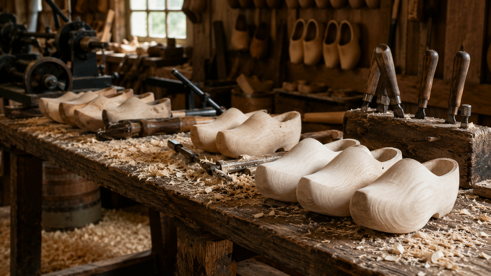 Établi d’un atelier de sabotier néerlandais, rangées de sabots de bois clair non finis et copeaux sur le plan de travail
