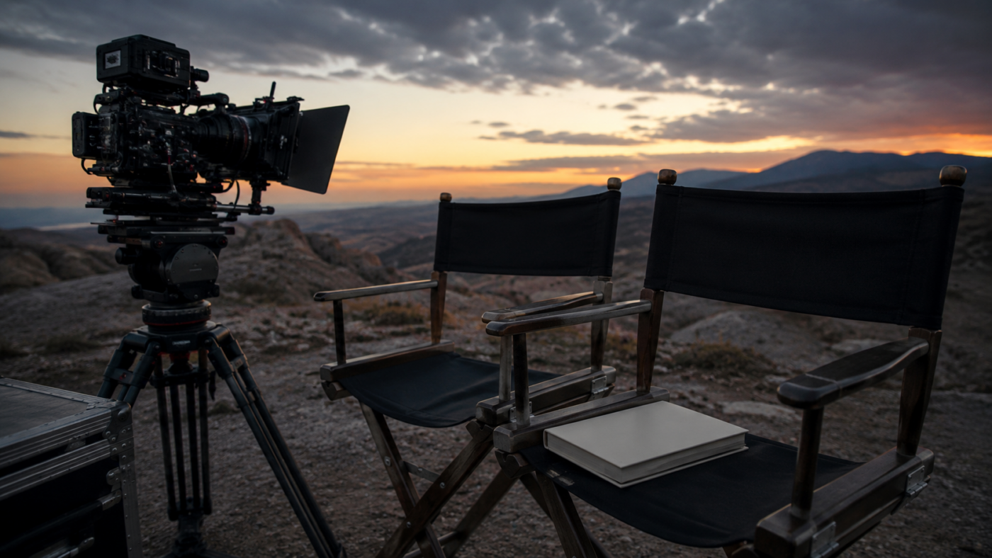 Plateau de tournage désert au crépuscule, deux fauteuils de réalisateur vides près d'une caméra de cinéma et d'un scénario fermé.