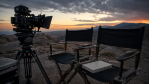 Plateau de tournage désert au crépuscule, deux fauteuils de réalisateur vides près d'une caméra de cinéma et d'un scénario fermé.