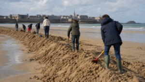 Long muret de sable tracé sur une plage à marée basse, silhouettes d’adultes et d’enfants de dos avec des pelles le long de la crête, ville fortifiée à l’horizon