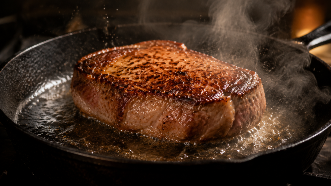 Steak épais en train de saisir dans une poêle en fonte brûlante, vapeur s'échappant des bords.