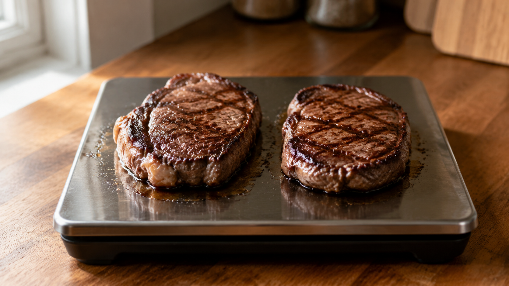 Deux steaks cuits posés sur une balance de cuisine numérique, sur un plan de travail en bois.
