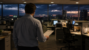 Un salarié américain de dos, fiche de paie imprimée à la main, dans un open space au crépuscule