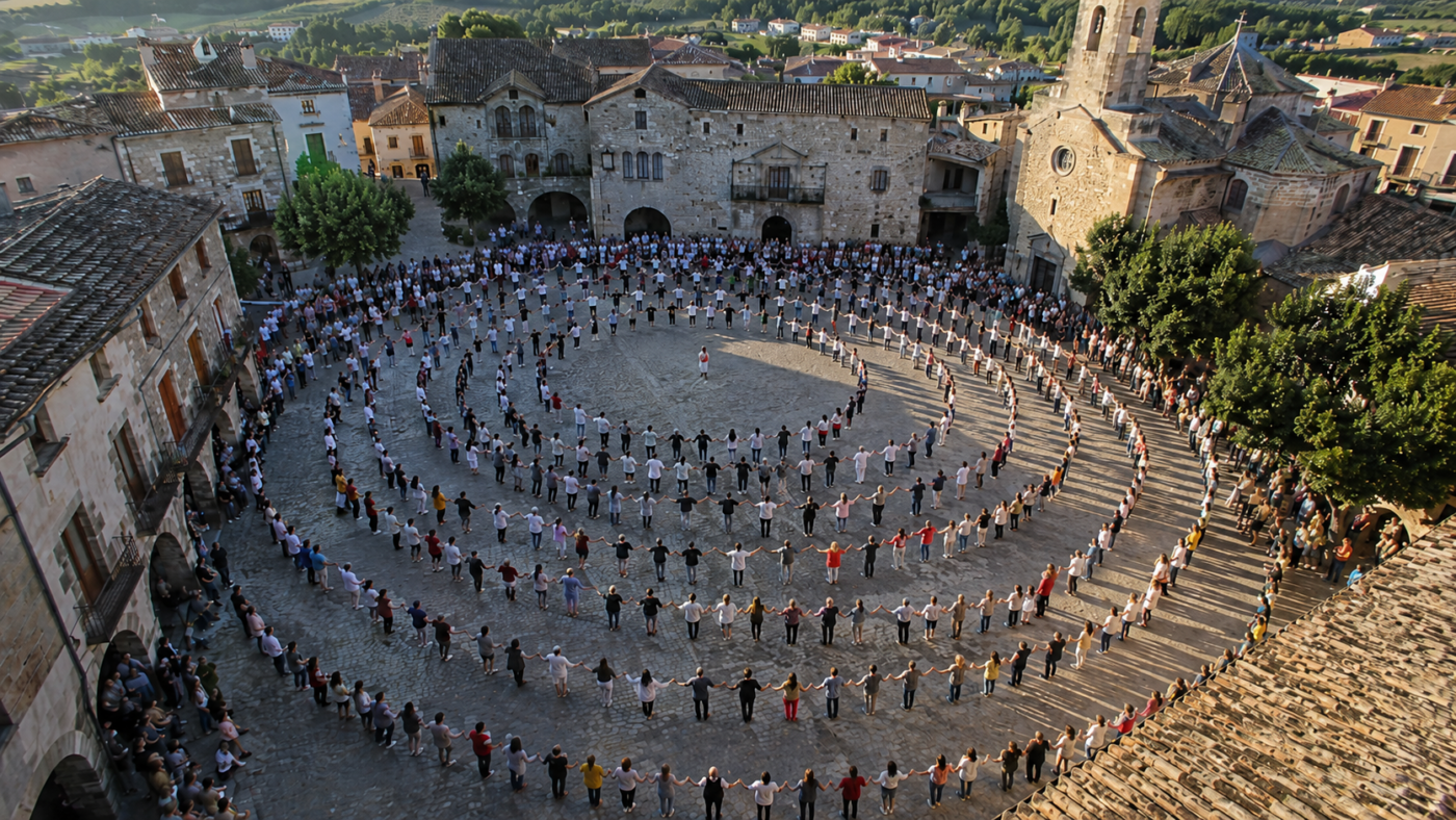 Immense ronde de danseurs se tenant par la main sur une place de village, vue en plongée, cœur ancien en pierre en arrière-plan