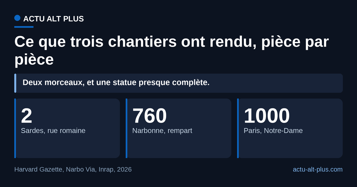 Le sol et la maçonnerie rendent surtout des fragments : 760 blocs à Narbonne, plus de 1 000 sous Notre-Dame. Sardes est le seul des trois lots où deux morceaux suffisent à reformer une œuvre presque entière. Limite : les mécanismes diffèrent, réemploi en matériau à Sardes et Narbonne, enfouissement sous un sol à Paris.