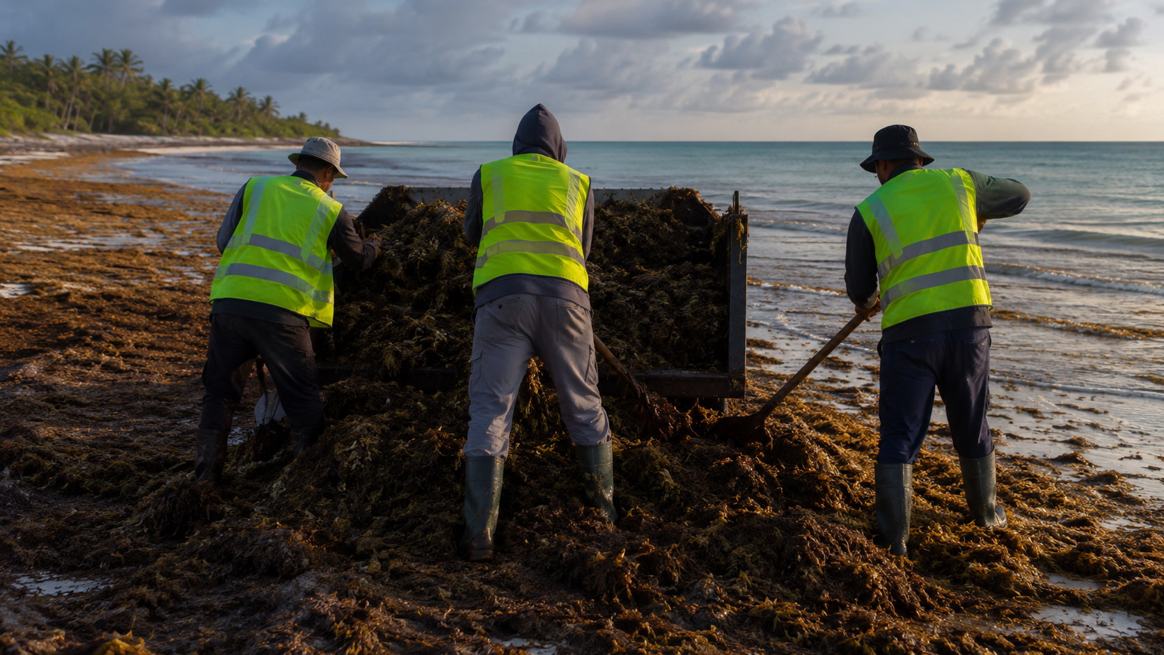 Agents en gilets fluorescents et bottes ratissant des sargasses en décomposition et les chargeant dans une benne sur une plage tropicale au petit matin, de dos.